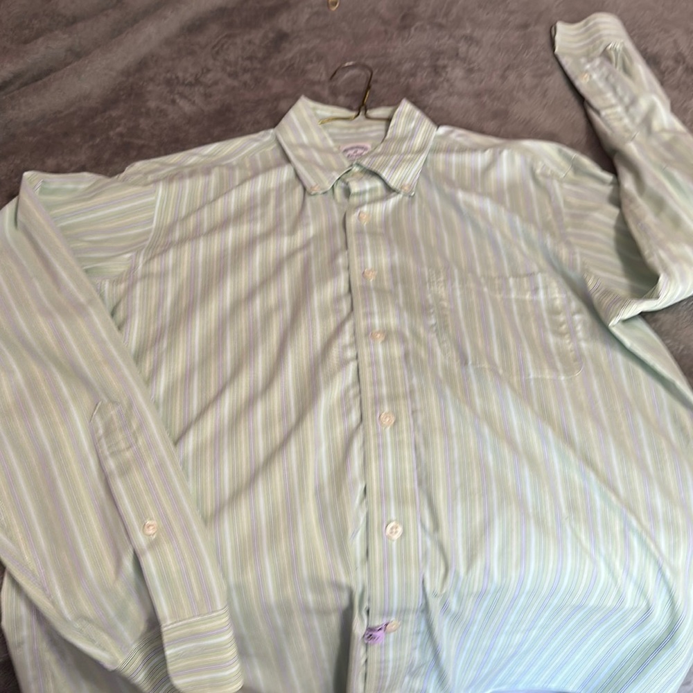 Brooks Brother dress shirt green with blue/white pin stripes breast pocket